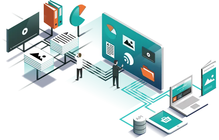 Illustration of applications and files published to laptops, tablets and browsers